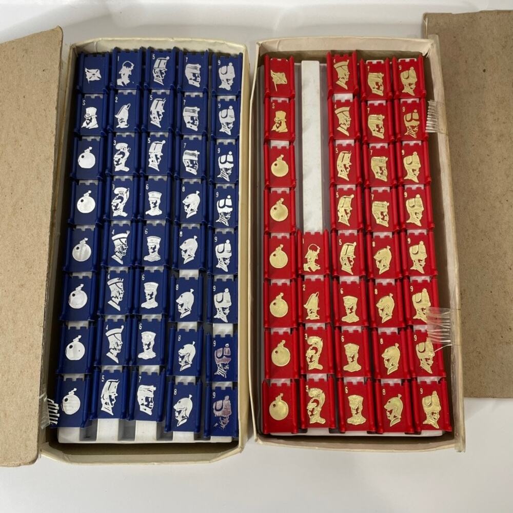 1961 Stratego 40 Blue pieces + 36 Red pieces (missing 4) + trays - plastic